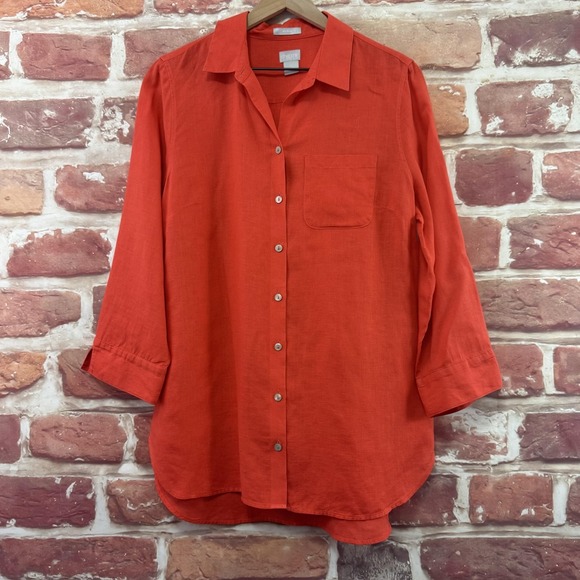 Chico's Tops - Chicos Top Women's 8 Orange 100% Linen Casual Career Capsule Button Up Shirt